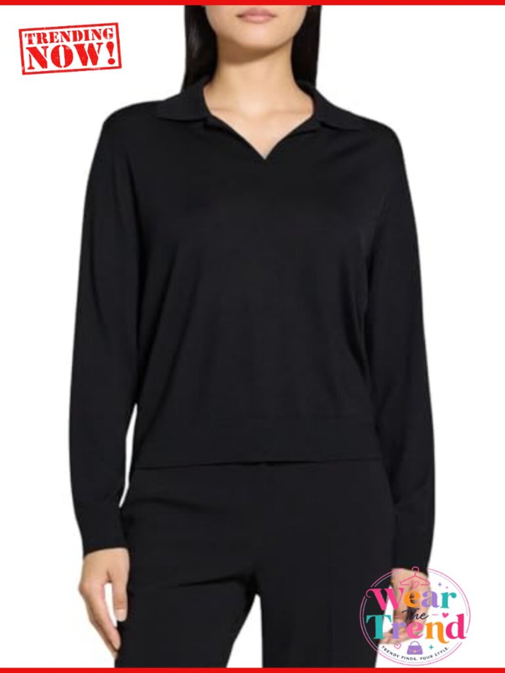 Merino Wool Long Sleeve Collared Polo Top Button Front Straight Fit